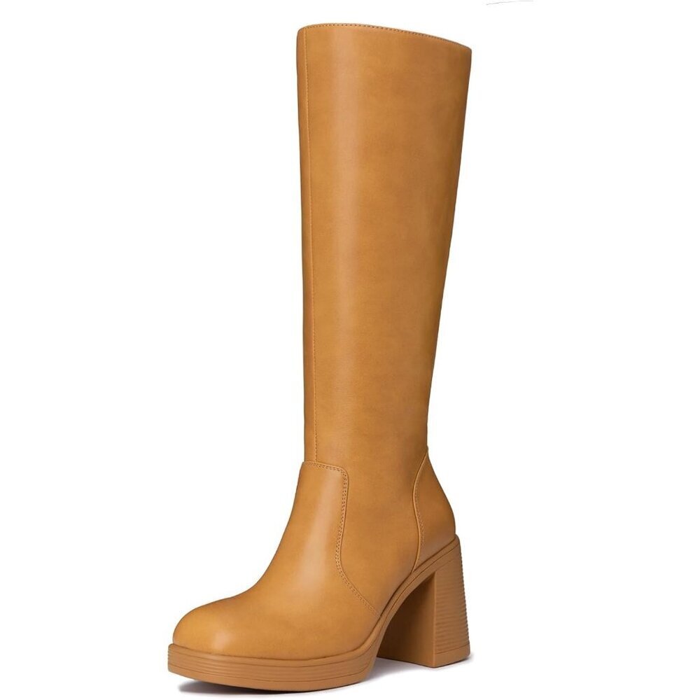 Women's Yellow Athlefit Knee High Platform Heeled Toe Chunky Side Zipper Boots